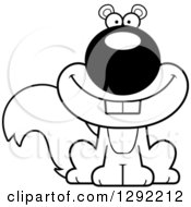 Wild Animal Clipart Of A Black And White Cartoon Happy Sitting Squirrel Royalty Free Lineart Vector Illustration