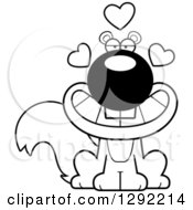 Wild Animal Clipart Of A Black And White Cartoon Loving Sitting Squirrel With Hearts Royalty Free Lineart Vector Illustration