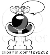 Fantasy Clipart Of A Black And White Cartoon Happy Talking Jackalope Sitting Royalty Free Lineart Vector Illustration