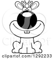 Fantasy Clipart Of A Black And White Cartoon Happy Jackalope Sitting Royalty Free Lineart Vector Illustration