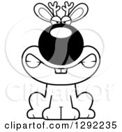 Fantasy Clipart Of A Black And White Cartoon Mad Snarling Jackalope Sitting Royalty Free Lineart Vector Illustration