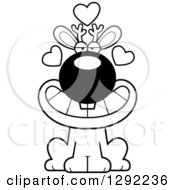 Fantasy Clipart Of A Black And White Cartoon Loving Jackalope Sitting With Hearts Royalty Free Lineart Vector Illustration
