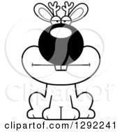 Fantasy Clipart Of A Black And White Cartoon Bored Jackalope Sitting Royalty Free Lineart Vector Illustration