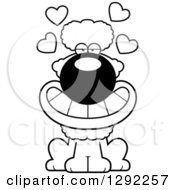 Animal Clipart Of A Black And White Cartoon Loving Poodle Dog Sitting With Hearts Royalty Free Lineart Vector Illustration