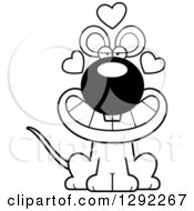 Animal Clipart Of A Black And White Cartoon Loving Mouse Sitting With Hearts Royalty Free Lineart Vector Illustration