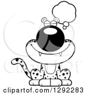 Poster, Art Print Of Black And White Cartoon Dreaming Or Thinking Leopard Big Cat Sitting