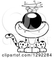 Wild Animal Clipart Of A Black And White Cartoon Drunk Or Dizzy Leopard Big Cat Sitting Royalty Free Lineart Vector Illustration
