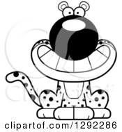 Wild Animal Clipart Of A Black And White Cartoon Happy Grinning Leopard Big Cat Sitting Royalty Free Lineart Vector Illustration