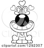 Animal Clipart Of A Black And White Cartoon Loving Male Goat Sitting With Hearts Royalty Free Lineart Vector Illustration