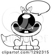 Wild Animal Clipart Of A Black And White Cartoon Happy Talking Sitting Fox Royalty Free Lineart Vector Illustration