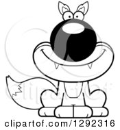 Wild Animal Clipart Of A Black And White Cartoon Happy Sitting Fox Royalty Free Lineart Vector Illustration