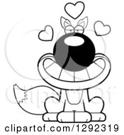 Wild Animal Clipart Of A Black And White Cartoon Romantic Sitting Fox With Love Hearts Royalty Free Lineart Vector Illustration