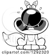 Wild Animal Clipart Of A Black And White Cartoon Scared Screaming Sitting Fox Royalty Free Lineart Vector Illustration