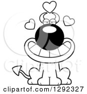 Clipart Of A Black And White Cartoon Loving Devil Dog With Hearts Royalty Free Lineart Vector Illustration