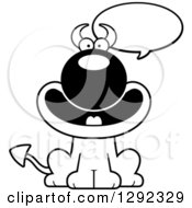 Clipart Of A Black And White Cartoon Talking Happy Devil Dog Royalty Free Lineart Vector Illustration
