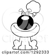 Animal Clipart Of A Black And White Cartoon Happy Dog Thinking Or Dreaming Royalty Free Lineart Vector Illustration
