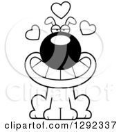 Animal Clipart Of A Black And White Cartoon Loving Dog With Hearts Royalty Free Lineart Vector Illustration