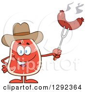 Poster, Art Print Of Cartoon Cowboy Beef Steak Mascot Holding A Sausage On A Fork