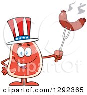 Poster, Art Print Of Cartoon Uncle Sam Beef Steak Mascot Holding A Sausage On A Fork