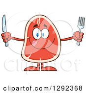 Cartoon Hungry Beef Steak Mascot Holding A Knife And Fork