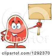 Cartoon Beef Steak Mascot Holding Up A Blank Wooden Sign by Hit Toon