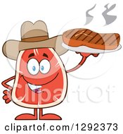 Poster, Art Print Of Cartoon Cowboy Beef Steak Mascot Holding Meat On A Plate