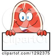 Food Clipart Of A Cartoon Beef Steak Mascot Smiling Over A Blank Sign Royalty Free Vector Illustration