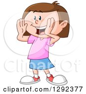 Poster, Art Print Of Happy Brunette Caucasian Girl Holding Her Hands Up To Her Mouth And Calling Someone