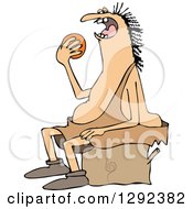 Chubby Caveman Sitting On A Stump And Eating An Orange