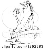 Clipart Of A Black And White Chubby Caveman Sitting On A Stump And Eating An Orange Royalty Free Vector Illustration