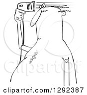 Clipart Of A Black And White Chubby Bald Man Blow Drying The Few Hairs On His Head Royalty Free Vector Illustration