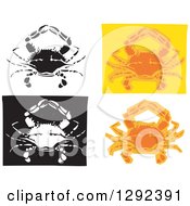 Clipart Of Black And White And Orange Woodcut Crabs Royalty Free Vector Illustration