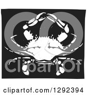 Clipart Of A White Woodcut Crab On Black Royalty Free Vector Illustration