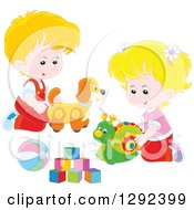Poster, Art Print Of Blond Caucasian Children Playing With A Toy Dog Snail Ball And Blocks