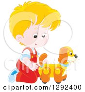 Poster, Art Print Of Blond Caucasian Boy Playing With A Toy Dog
