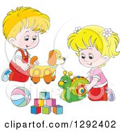 Poster, Art Print Of Blond White Children Playing With A Toy Dog Snail Ball And Blocks