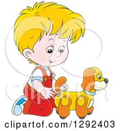 Poster, Art Print Of Blond White Boy Playing With A Toy Dog