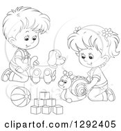 Poster, Art Print Of Black And White Children Playing With A Toy Dog Snail Ball And Blocks