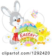 Clipart Of A Gray Easter Rabbit Chick And Butterly With A Happy Easter Greeting Egg Royalty Free Vector Illustration