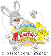 Poster, Art Print Of Gray Easter Bunny Chick And Butterly With A Happy Easter Greeting Egg