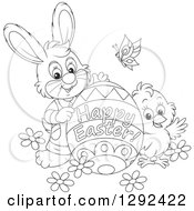 Poster, Art Print Of Black And White Easter Bunny Chick And Butterly With A Happy Easter Greeting Egg