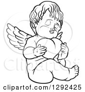 Clipart Of A Black And White Angel Hugging A Heart Royalty Free Vector Illustration