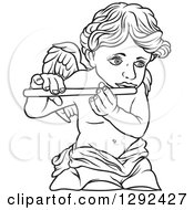 Clipart Of A Black And White Angel Playing A Flute 2 Royalty Free Vector Illustration