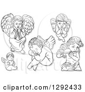 Clipart Of Grayscale Angels Royalty Free Vector Illustration