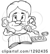 Poster, Art Print Of Black And White Cartoon Artist Boy Thinking Over An Open Book