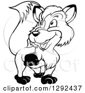 Clipart Of A Black And White Cartoon Happy Fox Walking Royalty Free Vector Illustration