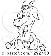 Clipart Of A Black And White Cartoon Happy Goat Sitting Royalty Free Vector Illustration