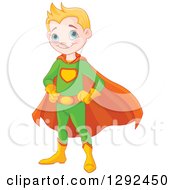 Poster, Art Print Of Blond White Happy Super Hero Boy In A Green And Orange Costume