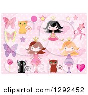 Clipart Of Fairy Princess Girls Cats Butterflies And Candy Over Pink Polka Dots Royalty Free Vector Illustration