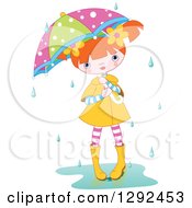 Poster, Art Print Of Red Haired White Girl With A Colorful Umbrella Standing In A Puddle In The Rain
